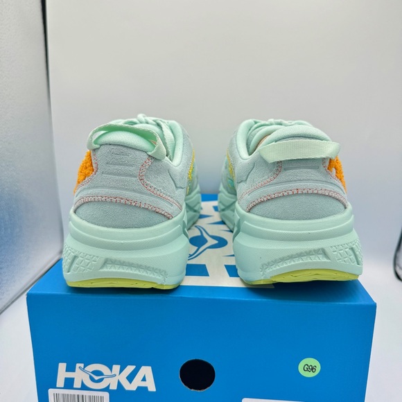 NWT Hoka Clifton Leather Embroidery UNISEX Shoes blue glass radiant yellow NEW - Picture 8 of 16